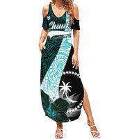 Chuuk Constitution Day Family Matching Summer Maxi Dress and Hawaiian Shirt Hibiscus Turquoise Pattern LT01 Mom's Dress Turquoise - Polynesian Pride