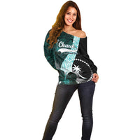 Chuuk Constitution Day Off Shoulder Sweater Hibiscus Turquoise Pattern LT01 - Polynesian Pride