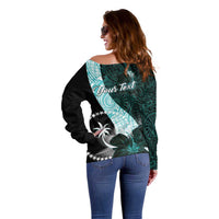 Chuuk Constitution Day Off Shoulder Sweater Hibiscus Turquoise Pattern LT01 - Polynesian Pride