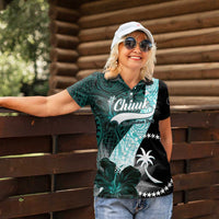 Chuuk Constitution Day Women Polo Shirt Hibiscus Turquoise Pattern LT01 - Polynesian Pride