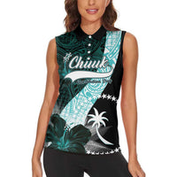Chuuk Constitution Day Women Sleeveless Polo Shirt Hibiscus Turquoise Pattern LT01 - Polynesian Pride