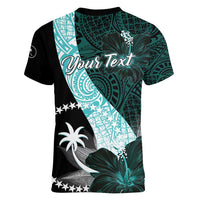 Chuuk Constitution Day Women V-Neck T-Shirt Hibiscus Turquoise Pattern LT01 - Polynesian Pride