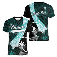 Chuuk Constitution Day Women V-Neck T-Shirt Hibiscus Turquoise Pattern LT01 - Polynesian Pride