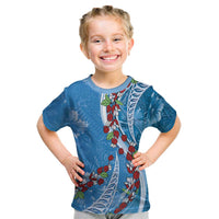 Fiji Tagimaucia Floral Kid T Shirt Tapa Pattern LT01 Blue - Polynesian Pride