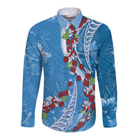 Fiji Tagimaucia Floral Long Sleeve Button Shirt Tapa Pattern LT01 Unisex Blue - Polynesian Pride