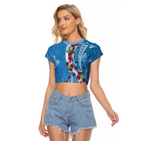 Fiji Tagimaucia Floral Raglan Cropped T Shirt Tapa Pattern LT01 Female Blue - Polynesian Pride