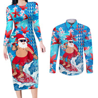 Hawaii Christmas Couples Matching Long Sleeve Bodycon Dress and Long Sleeve Button Shirt Santa Claus Surfing Kakau Tropical Style LT01 Blue - Polynesian Pride