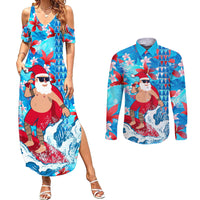Hawaii Christmas Couples Matching Summer Maxi Dress and Long Sleeve Button Shirt Santa Claus Surfing Kakau Tropical Style LT01 Blue - Polynesian Pride