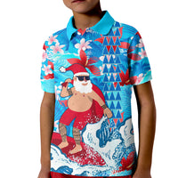 Hawaii Christmas Kid Polo Shirt Santa Claus Surfing Kakau Tropical Style LT01 Kid Blue - Polynesian Pride