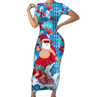Hawaii Christmas Short Sleeve Bodycon Dress Santa Claus Surfing Kakau Tropical Style LT01 Long Dress Blue - Polynesian Pride