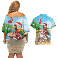 Personalized Hawaii Santa Parrot Christmas Couples Matching Off Shoulder Short Dress and Hawaiian Shirt Summer Vibe LT01 - Polynesian Pride