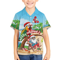 Personalized Hawaii Santa Parrot Christmas Family Matching Off Shoulder Maxi Dress and Hawaiian Shirt Summer Vibe LT01 Son's Shirt Blue - Polynesian Pride