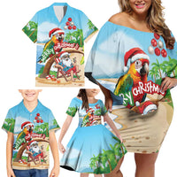 Personalized Hawaii Santa Parrot Christmas Family Matching Off Shoulder Short Dress and Hawaiian Shirt Summer Vibe - Polynesian Pride