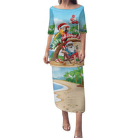 Personalized Hawaii Santa Parrot Christmas Family Matching Puletasi and Hawaiian Shirt Summer Vibe LT01 Mom's Dress Blue - Polynesian Pride