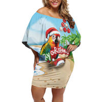Personalized Hawaii Santa Parrot Christmas Off Shoulder Short Dress Summer Vibe - Polynesian Pride