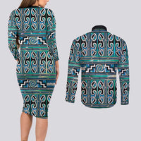 Maori Matariki Couples Matching Long Sleeve Bodycon Dress and Long Sleeve Button Shirt Green Galaxy Aesthetic Koru Art LT01 - Polynesian Pride