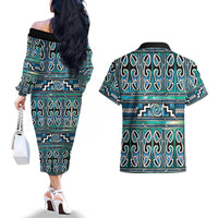 Maori Matariki Couples Matching Off The Shoulder Long Sleeve Dress and Hawaiian Shirt Green Galaxy Aesthetic Koru Art LT01 - Polynesian Pride