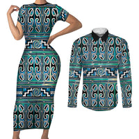 Maori Matariki Couples Matching Short Sleeve Bodycon Dress and Long Sleeve Button Shirt Green Galaxy Aesthetic Koru Art LT01 Green - Polynesian Pride