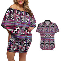 Maori Matariki Couples Matching Off Shoulder Short Dress and Hawaiian Shirt Pink Galaxy Aesthetic Koru Art LT01 Pink - Polynesian Pride