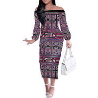 Maori Matariki Family Matching Off The Shoulder Long Sleeve Dress and Hawaiian Shirt Pink Galaxy Aesthetic Koru Art LT01 Mom's Dress Pink - Polynesian Pride