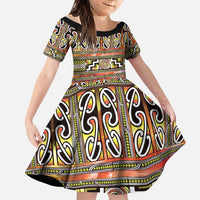 Maori Matariki Family Matching Off Shoulder Short Dress and Hawaiian Shirt Yellow Galaxy Aesthetic Koru Art LT01 Daughter's Dress Yellow - Polynesian Pride
