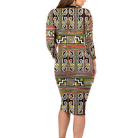 Maori Matariki Long Sleeve Bodycon Dress Yellow Galaxy Aesthetic Koru Art LT01 - Polynesian Pride