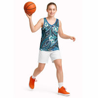 Polynesian Hibiscus Tropical Blue Floral Basketball Jersey Tribal Pattern - Polynesian Pride