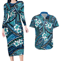 Polynesian Hibiscus Tropical Blue Floral Couples Matching Long Sleeve Bodycon Dress and Hawaiian Shirt Tribal Pattern - Polynesian Pride
