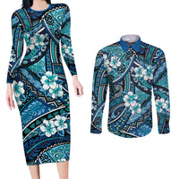 Polynesian Hibiscus Tropical Blue Floral Couples Matching Long Sleeve Bodycon Dress and Long Sleeve Button Shirt Tribal Pattern LT01 Blue - Polynesian Pride