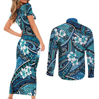 Polynesian Hibiscus Tropical Blue Floral Couples Matching Short Sleeve Bodycon Dress and Long Sleeve Button Shirt Tribal Pattern LT01 - Polynesian Pride