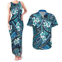 Polynesian Hibiscus Tropical Blue Floral Couples Matching Tank Maxi Dress and Hawaiian Shirt Tribal Pattern - Polynesian Pride