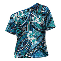 Polynesian Hibiscus Tropical Blue Floral Cross Shoulder Shirt Tribal Pattern - Polynesian Pride