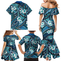 Polynesian Hibiscus Tropical Blue Floral Family Matching Mermaid Dress and Hawaiian Shirt Tribal Pattern - Polynesian Pride