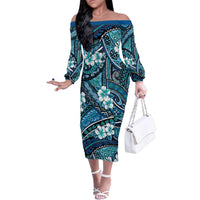Polynesian Hibiscus Tropical Blue Floral Family Matching Off The Shoulder Long Sleeve Dress and Hawaiian Shirt Tribal Pattern - Polynesian Pride