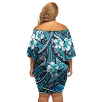Polynesian Hibiscus Tropical Blue Floral Family Matching Off Shoulder Short Dress and Hawaiian Shirt Tribal Pattern - Polynesian Pride