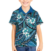 Polynesian Hibiscus Tropical Blue Floral Family Matching Off Shoulder Short Dress and Hawaiian Shirt Tribal Pattern - Polynesian Pride