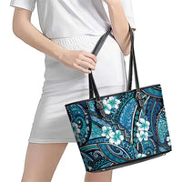 Polynesian Hibiscus Tropical Blue Floral Leather Tote Bag Tribal Pattern - Polynesian Pride