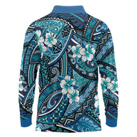 Polynesian Hibiscus Tropical Blue Floral Long Sleeve Polo Shirt Tribal Pattern LT01 - Polynesian Pride
