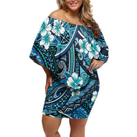 Polynesian Hibiscus Tropical Blue Floral Off Shoulder Short Dress Tribal Pattern LT01 Women Blue - Polynesian Pride