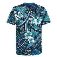 Polynesian Hibiscus Tropical Blue Floral Rugby Jersey Tribal Pattern - Polynesian Pride