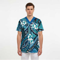 Polynesian Hibiscus Tropical Blue Floral Scrub Top Tribal Pattern - Polynesian Pride