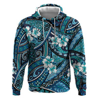 Polynesian Hibiscus Tropical Blue Floral Zip Hoodie Tribal Pattern - Polynesian Pride