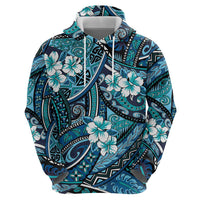 Polynesian Hibiscus Tropical Blue Floral Zip Hoodie Tribal Pattern - Polynesian Pride