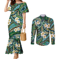 Polynesian Hibiscus Tropical Green Floral Couples Matching Mermaid Dress and Long Sleeve Button Shirt Tribal Pattern - Polynesian Pride