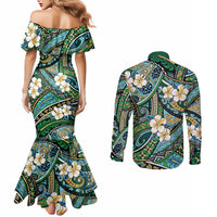 Polynesian Hibiscus Tropical Green Floral Couples Matching Mermaid Dress and Long Sleeve Button Shirt Tribal Pattern - Polynesian Pride