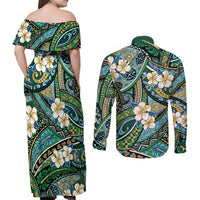Polynesian Hibiscus Tropical Green Floral Couples Matching Off Shoulder Maxi Dress and Long Sleeve Button Shirt Tribal Pattern - Polynesian Pride