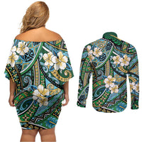 Polynesian Hibiscus Tropical Green Floral Couples Matching Off Shoulder Short Dress and Long Sleeve Button Shirt Tribal Pattern - Polynesian Pride