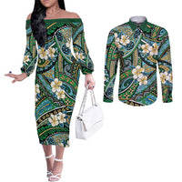 Polynesian Hibiscus Tropical Green Floral Couples Matching Off The Shoulder Long Sleeve Dress and Long Sleeve Button Shirt Tribal Pattern - Polynesian Pride