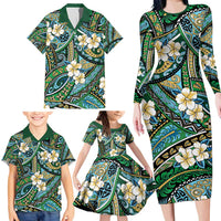 Polynesian Hibiscus Tropical Green Floral Family Matching Long Sleeve Bodycon Dress and Hawaiian Shirt Tribal Pattern - Polynesian Pride