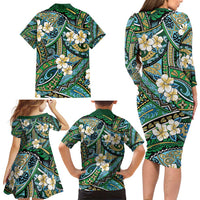 Polynesian Hibiscus Tropical Green Floral Family Matching Long Sleeve Bodycon Dress and Hawaiian Shirt Tribal Pattern - Polynesian Pride